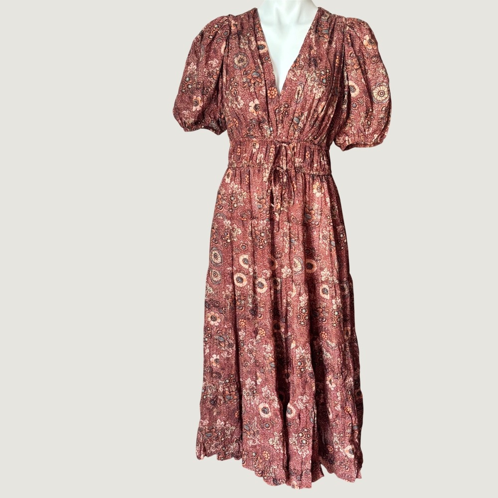 Ulla Johnson Size 6 Thelma Rosebud‎ Floral Midi Dress V-neck Puff Sleeves Tiered